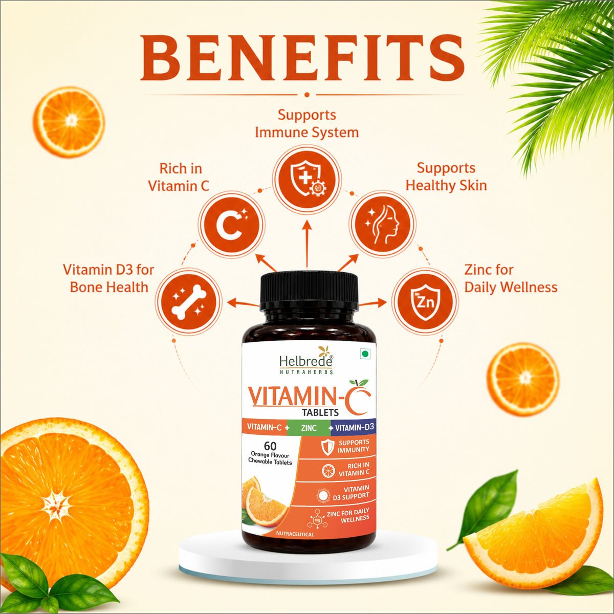 Helbrede Nutraherbs | Vitamin-C Chewable Tablets With Zinc & D3