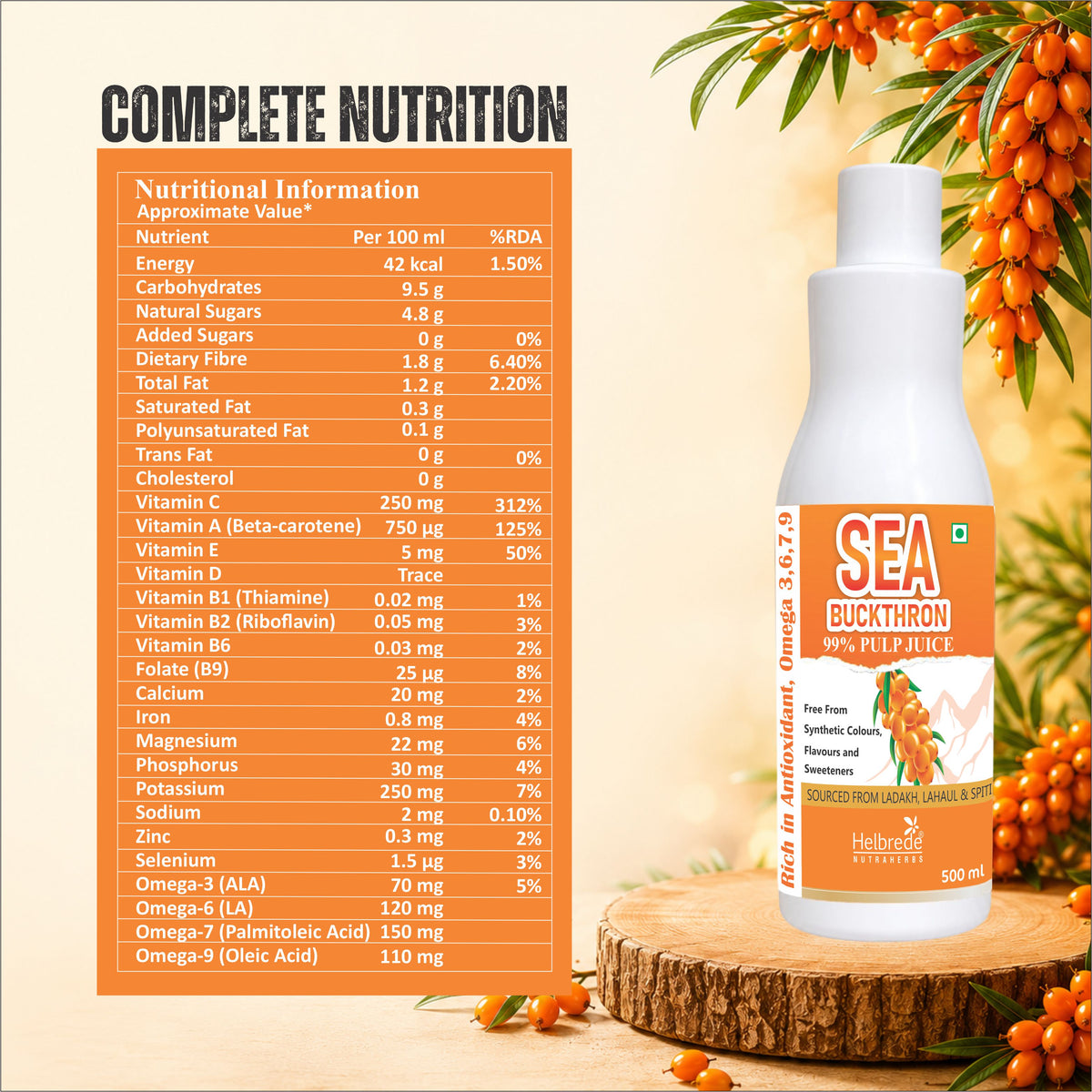 Helbrede Nutraherbs Sea Buckthorn 99% Pulp Juice 500 ML