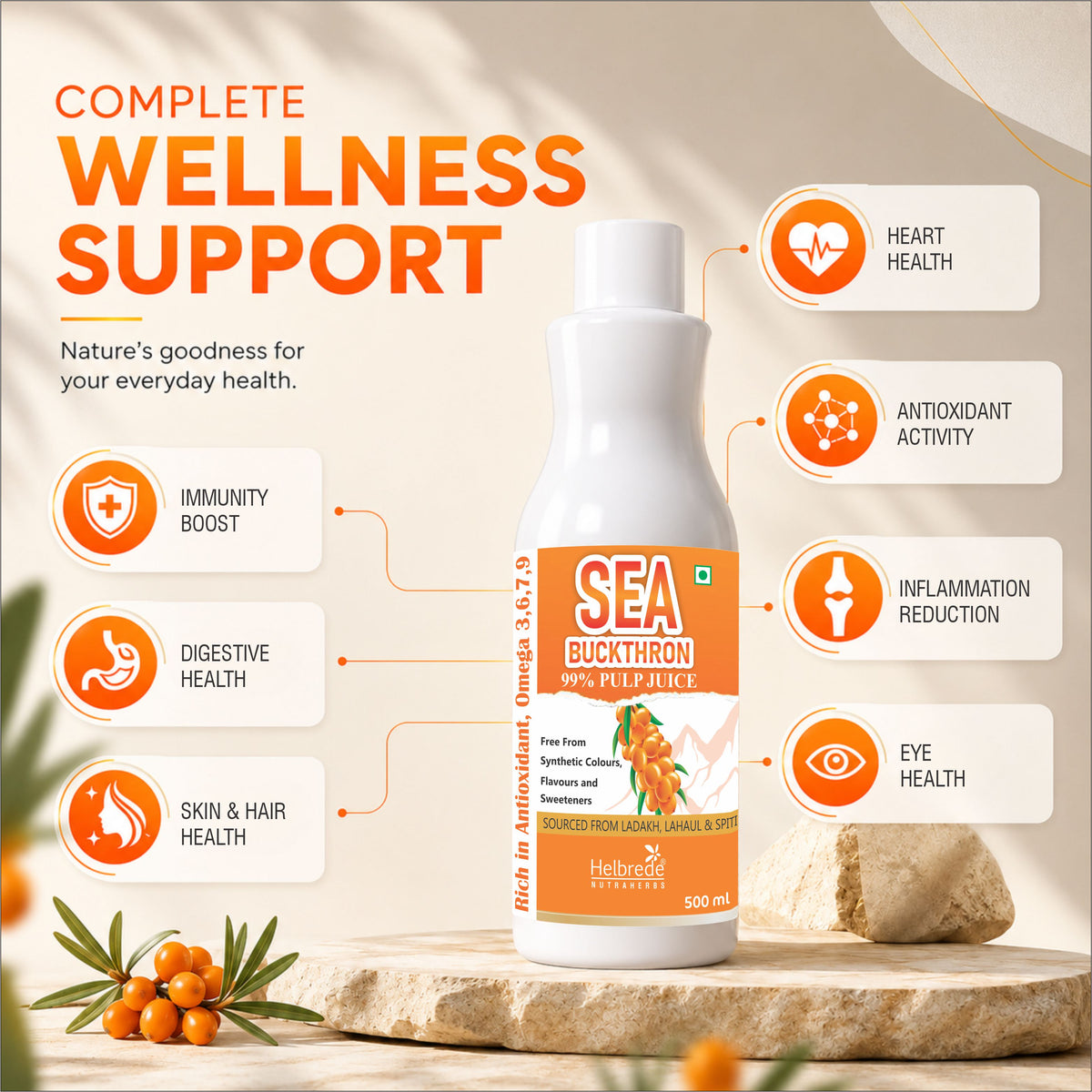 Helbrede Nutraherbs Sea Buckthorn 99% Pulp Juice 500 ML