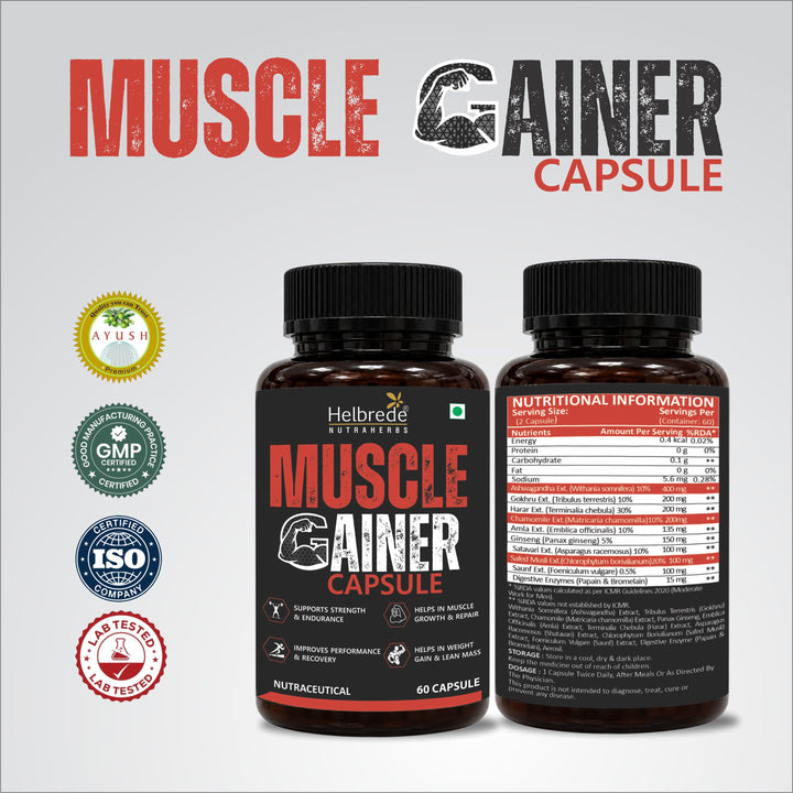 Helbrede Nutraherbs Muscle Gainer Capsule | Muscle Strength, Recovery & Lean Muscle Support | 60 Capsules