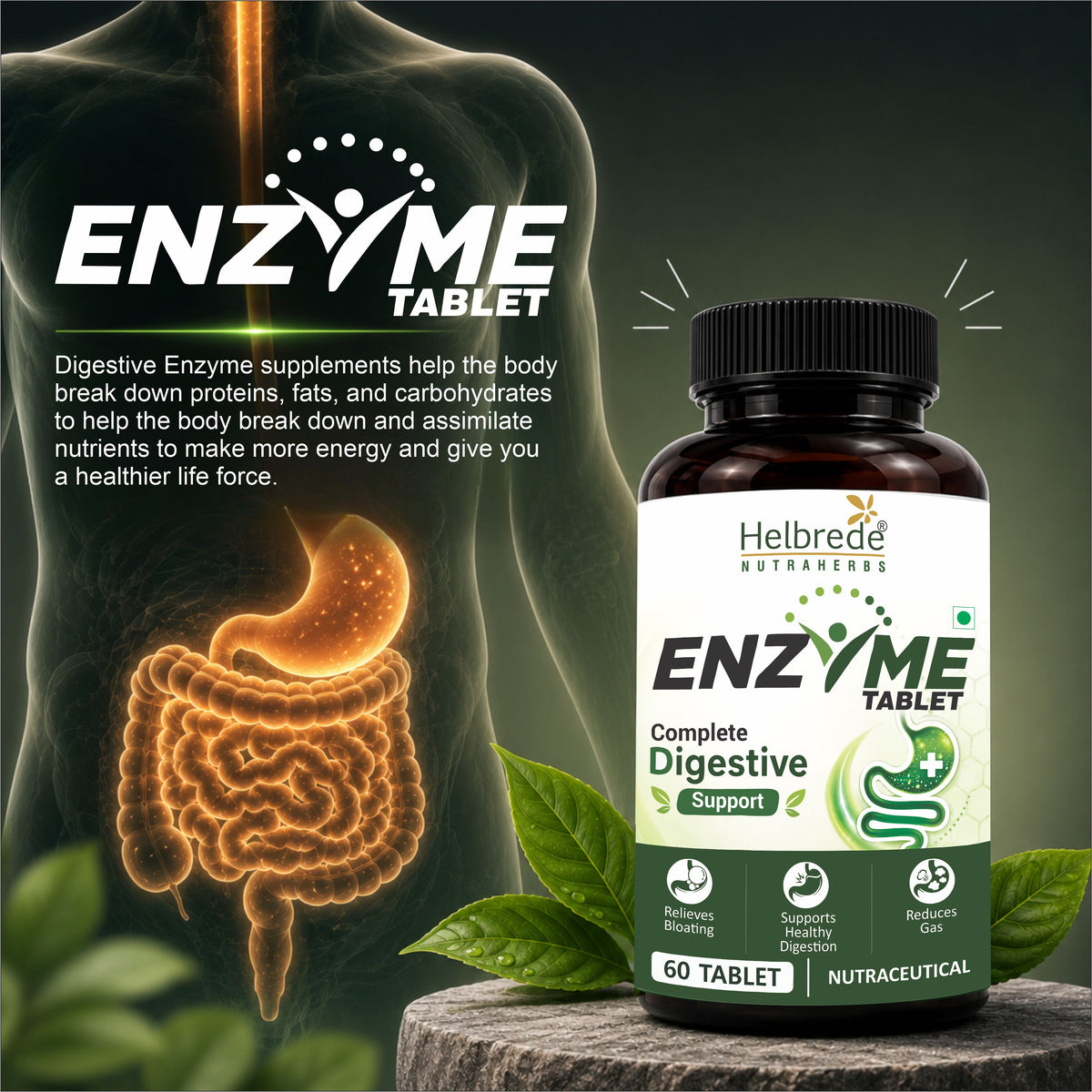 Helbrede NutraHerbs Digestive Enzyme Tablets | Fungal Diastase & Papain 60 Tablets