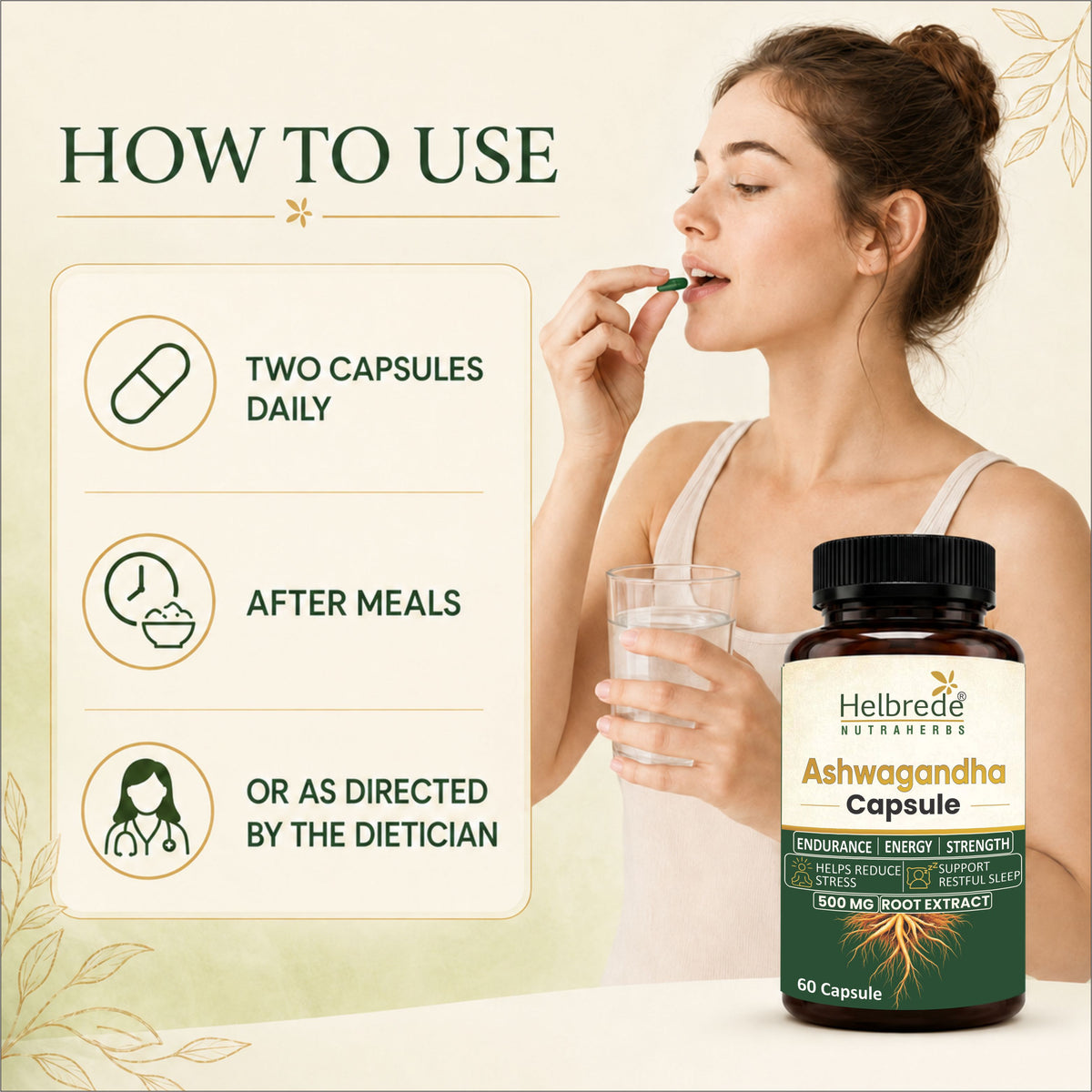 Helbrede Nutraherbs Ashwagandha Capsules 500mg | Withania Somnifera Root | 60 Capsules