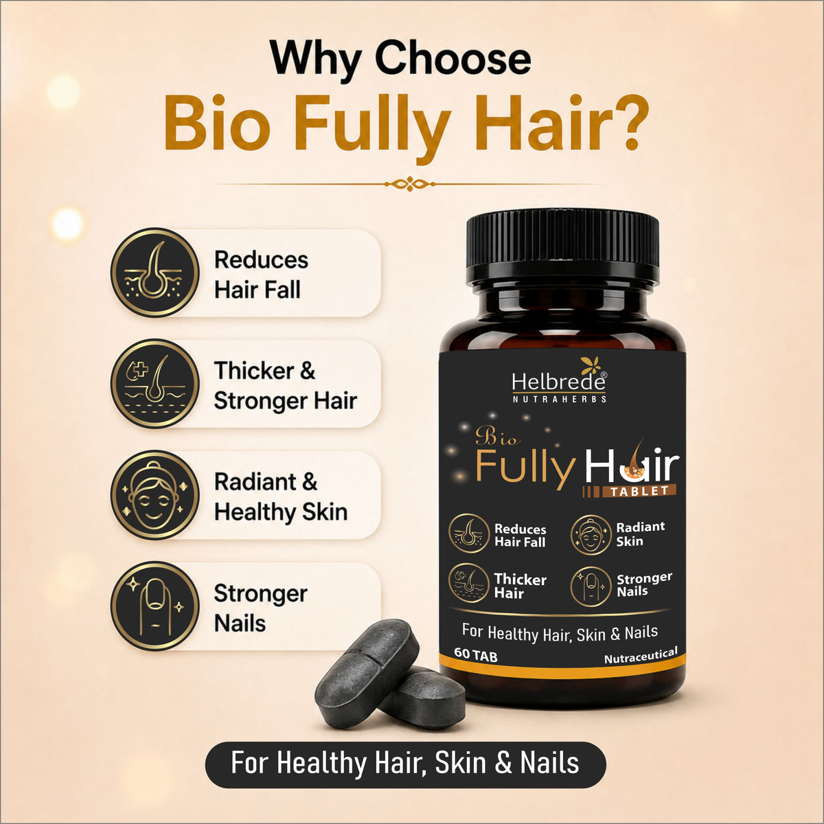 Helbrede Bio Fully Hair Tablet | Hair Growth Supplement with Biotin, Zinc & Selenium - Hebrede Nutraherbs