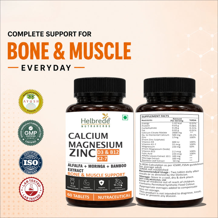 Helbrede Nutraherbs Calcium Magnesium Zinc D3, B12 & K2-7 Tablets | Bone, Muscle & Joint Support | 60 Tablets
