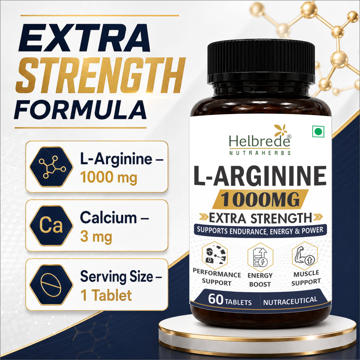 Helbrede L-Arginine 1000 mg Tablets | Amino Acid for Endurance &amp; Workout Support | 60 Tablets