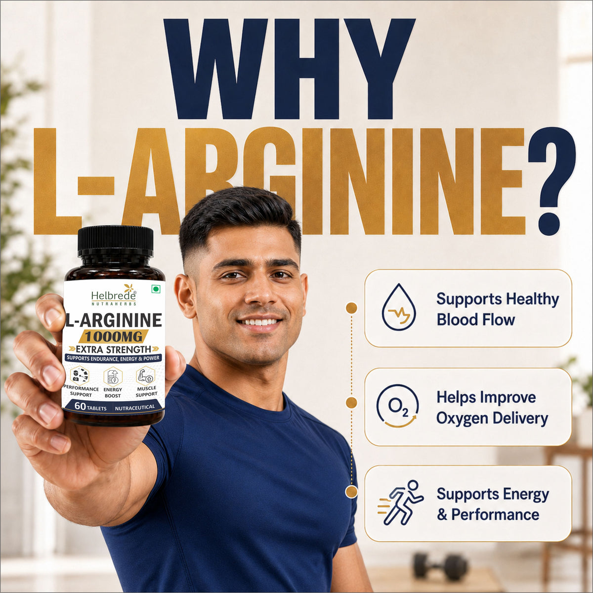 Helbrede L-Arginine 1000 mg Tablets | Amino Acid for Endurance &amp; Workout Support | 60 Tablets