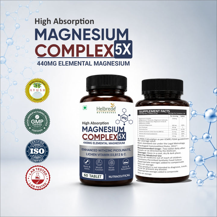 Helbrede Nutraherbs Magnesium Complex 5X | 5 Forms of Magnesium with Zinc, Vitamin D3, B12 & Vitamin C | 60 Tablets